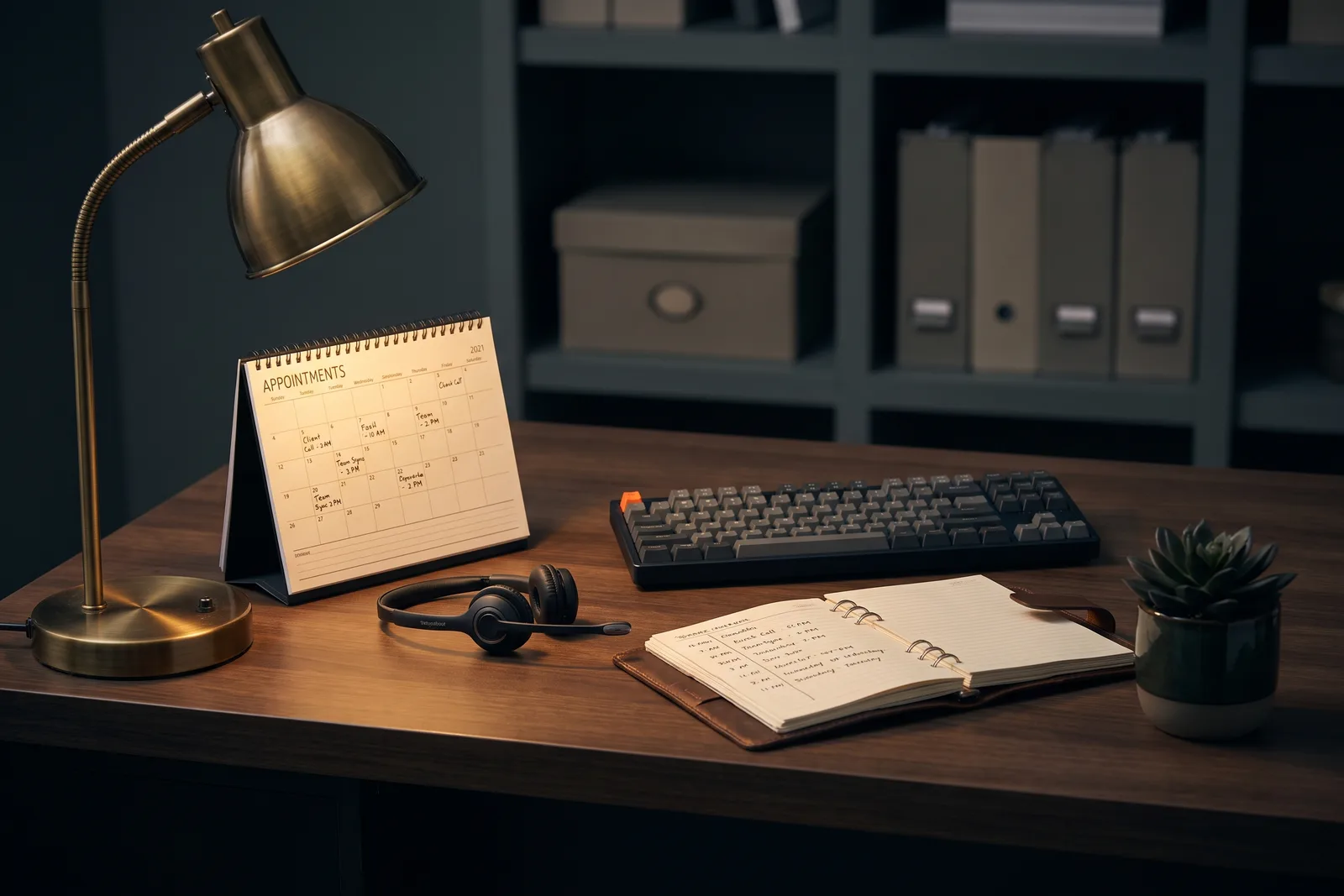 Aufgeräumter Backoffice-Arbeitsplatz mit Kalender, Headset und Notizbuch