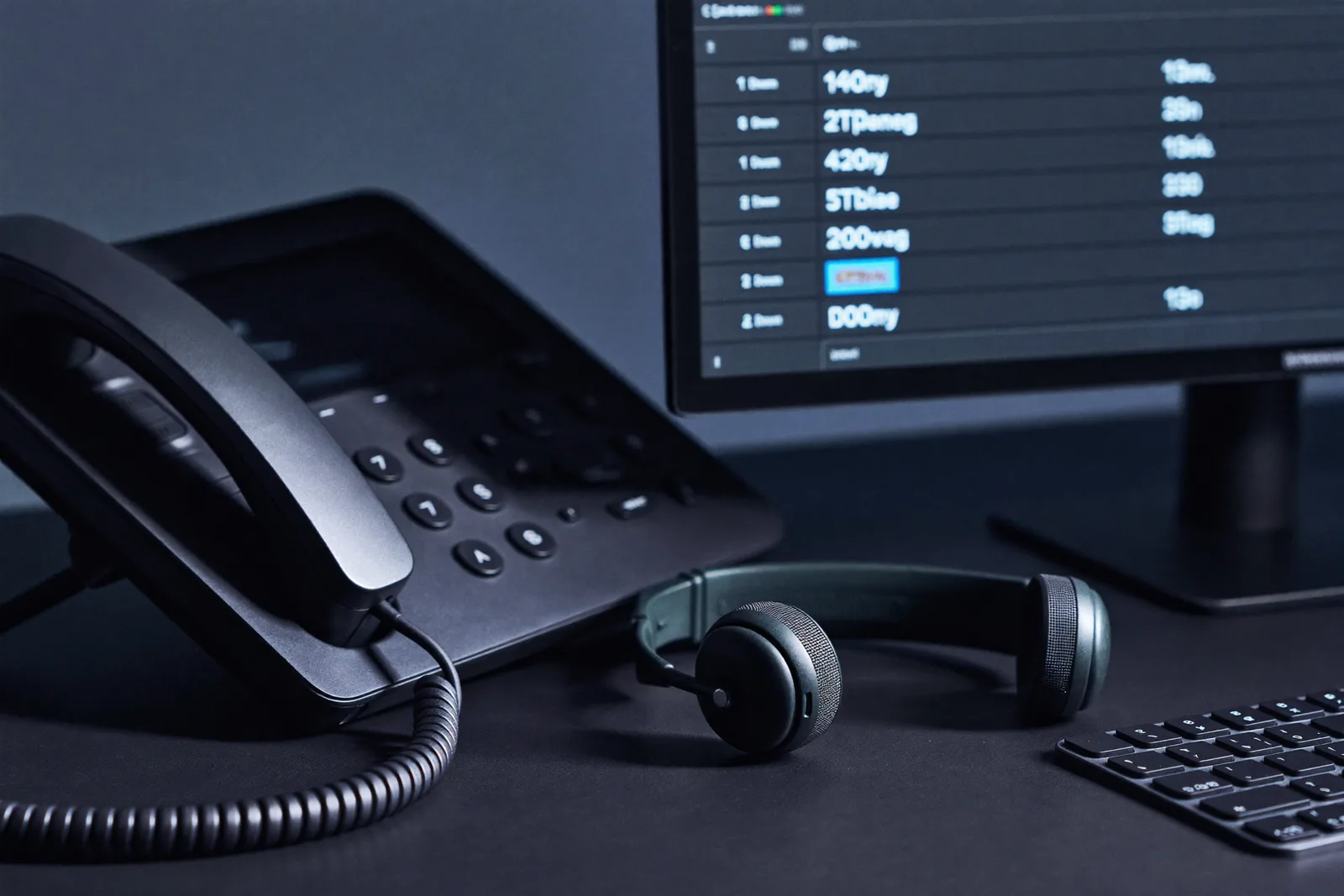 Aufgeräumter Telefonservice-Arbeitsplatz mit Headset und Terminübersicht