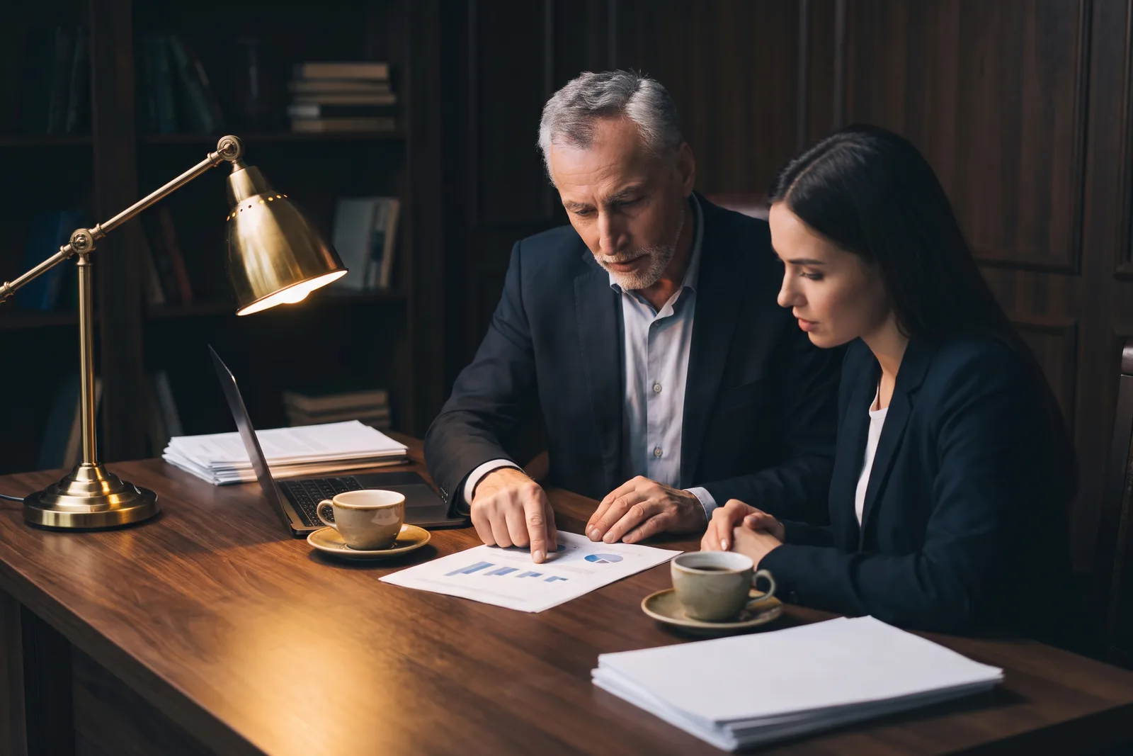 Geschäftspartner besprechen einen Businessplan am Schreibtisch