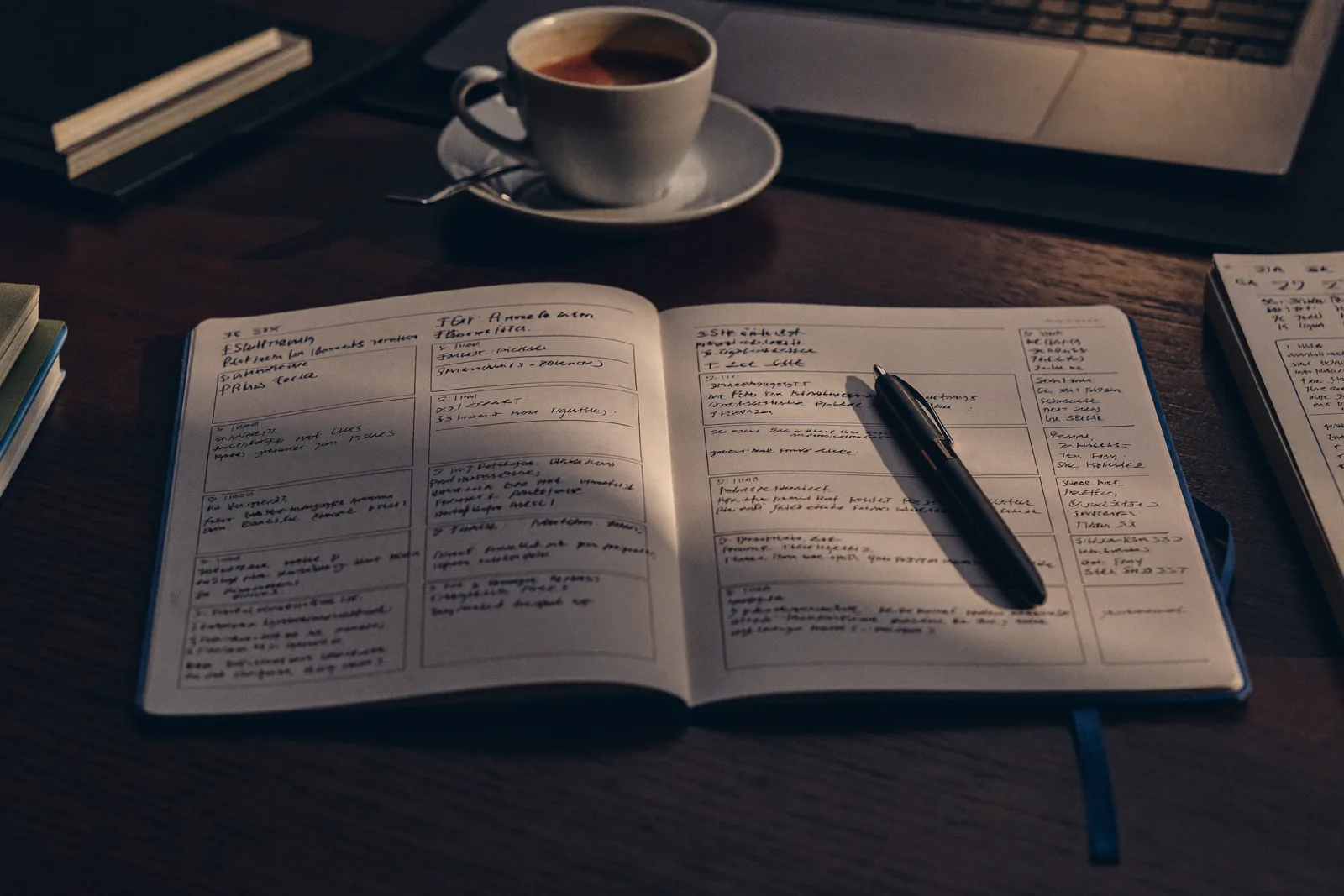 Notizbuch mit skizziertem Businessplan neben Laptop und Kaffee