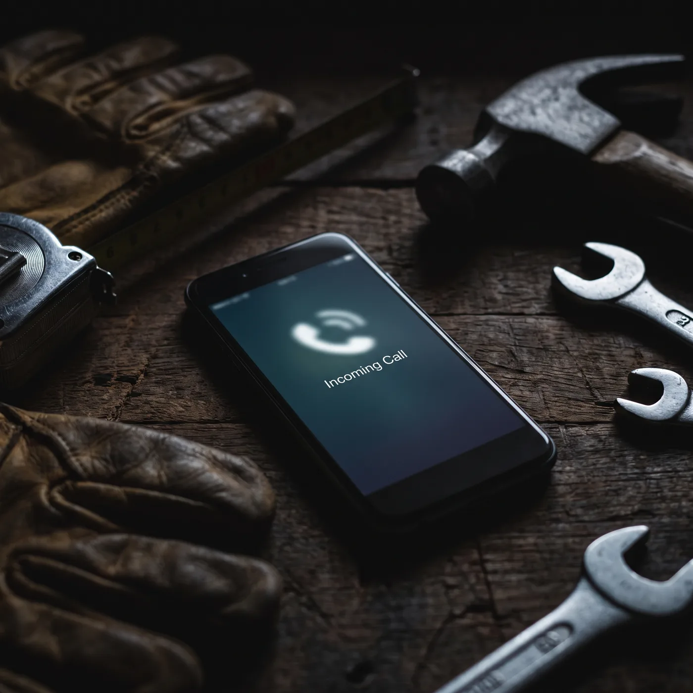 Smartphone mit eingehendem Anruf liegt unbeantwortet auf einer Werkbank